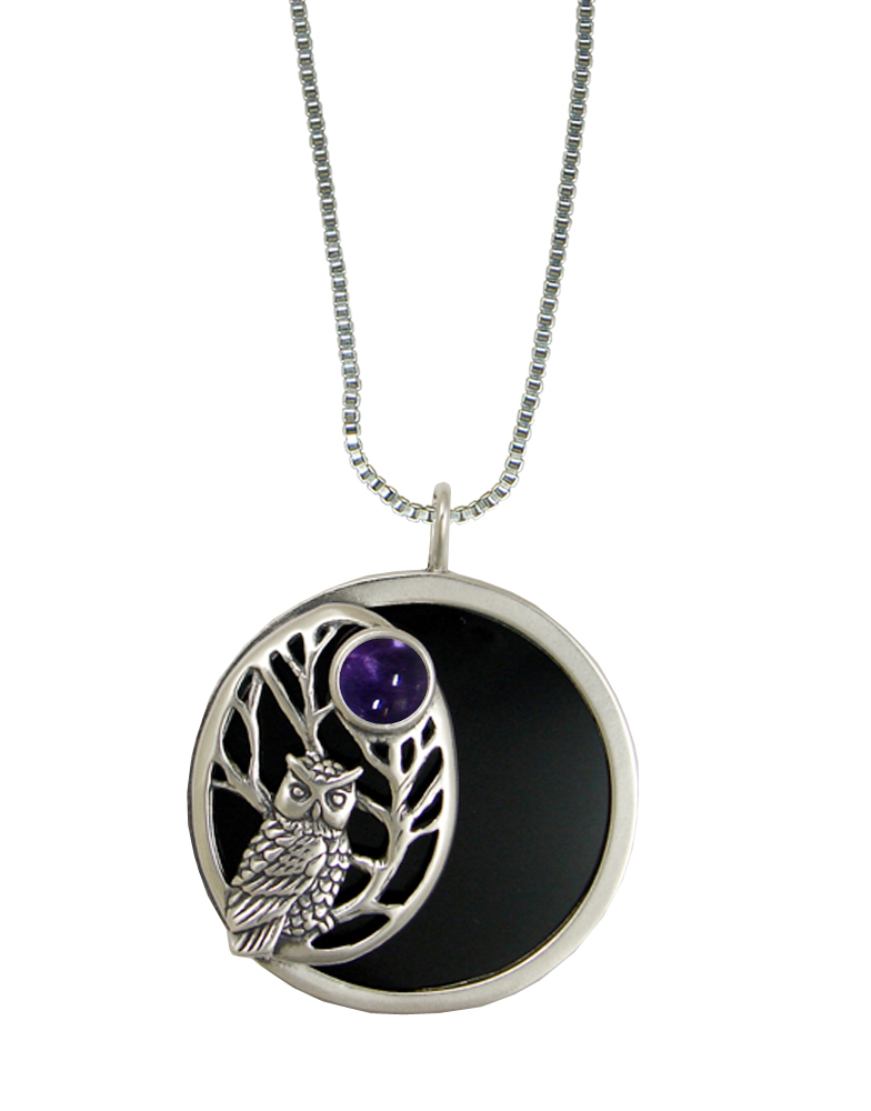 Sterling Silver Black Onyx Disc Wise Owl Pendant Necklace With Iolite